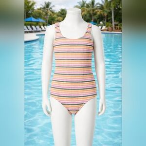 Roxy Girls One-Piece Swimsuit Size 12 Pastel Stripe Ribbed Low Back UPF 50+ NWT